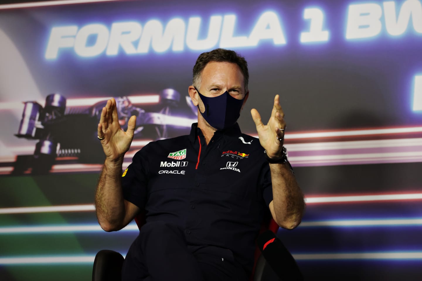 SPIELBERG, AUSTRIA - JUNE 25: Red Bull Racing Team Principal Christian Horner talks in a press conference  during practice ahead of the F1 Grand Prix of Styria at Red Bull Ring on June 25, 2021 in Spielberg, Austria. (Photo by Bryn Lennon/Getty Images)