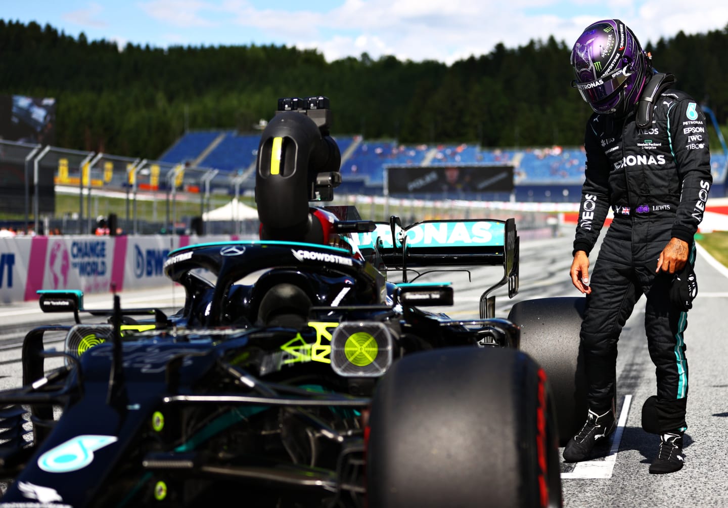 SPIELBERG, AUSTRIA - JUNE 26: Third place qualifier Lewis Hamilton of Great Britain and Mercedes GP inspects his car in parc ferme during qualifying ahead of the F1 Grand Prix of Styria at Red Bull Ring on June 26, 2021 in Spielberg, Austria. (Photo by Dan Istitene - Formula 1/Formula 1 via Getty Images)