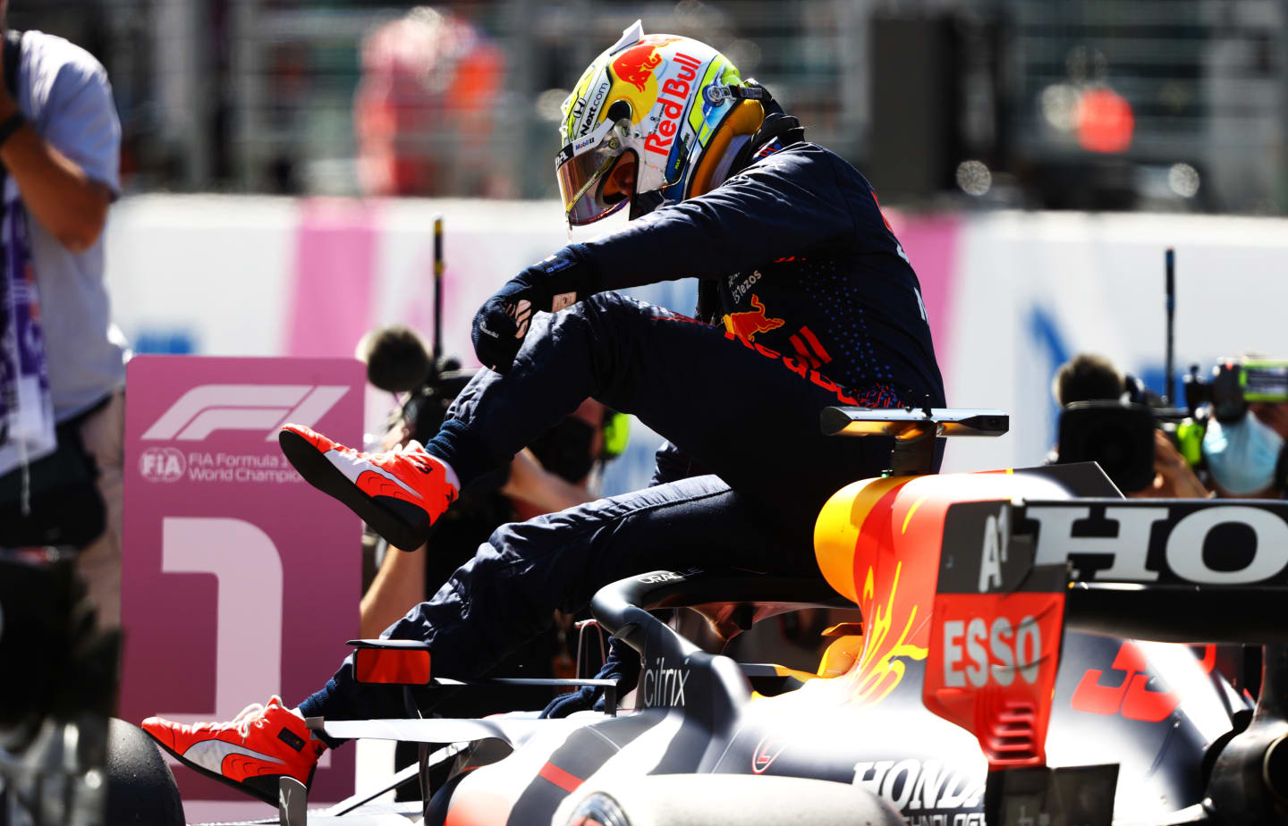 SPIELBERG, AUSTRIA - JUNE 26: Pole position qualifier Max Verstappen of Netherlands and Red Bull Racing celebrates in parc ferme during qualifying ahead of the F1 Grand Prix of Styria at Red Bull Ring on June 26, 2021 in Spielberg, Austria. (Photo by Bryn Lennon/Getty Images)