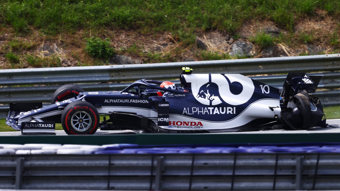 SPIELBERG, AUSTRIA - JUNE 27: Pierre Gasly of France driving the (10) Scuderia AlphaTauri AT02 Honda into the pits with a broken rear wheel during the F1 Grand Prix of Styria at Red Bull Ring on June 27, 2021 in Spielberg, Austria. (Photo by Dan Istitene - Formula 1/Formula 1 via Getty Images)