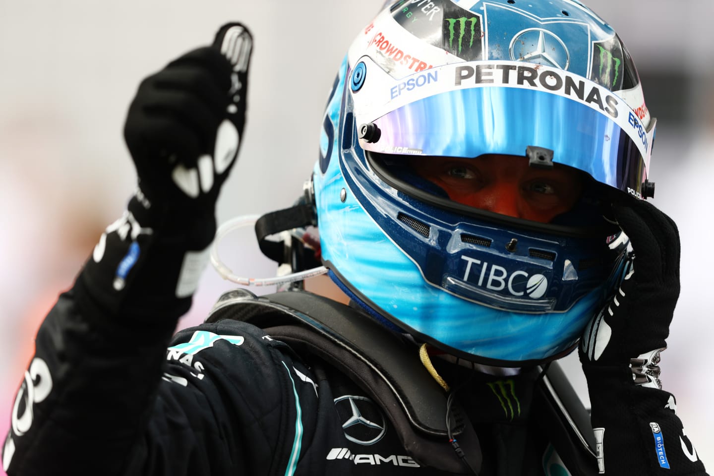 SPIELBERG, AUSTRIA - JUNE 27: Third placed Valtteri Bottas of Finland and Mercedes GP celebrates in parc ferme during the F1 Grand Prix of Styria at Red Bull Ring on June 27, 2021 in Spielberg, Austria. (Photo by Bryn Lennon/Getty Images)