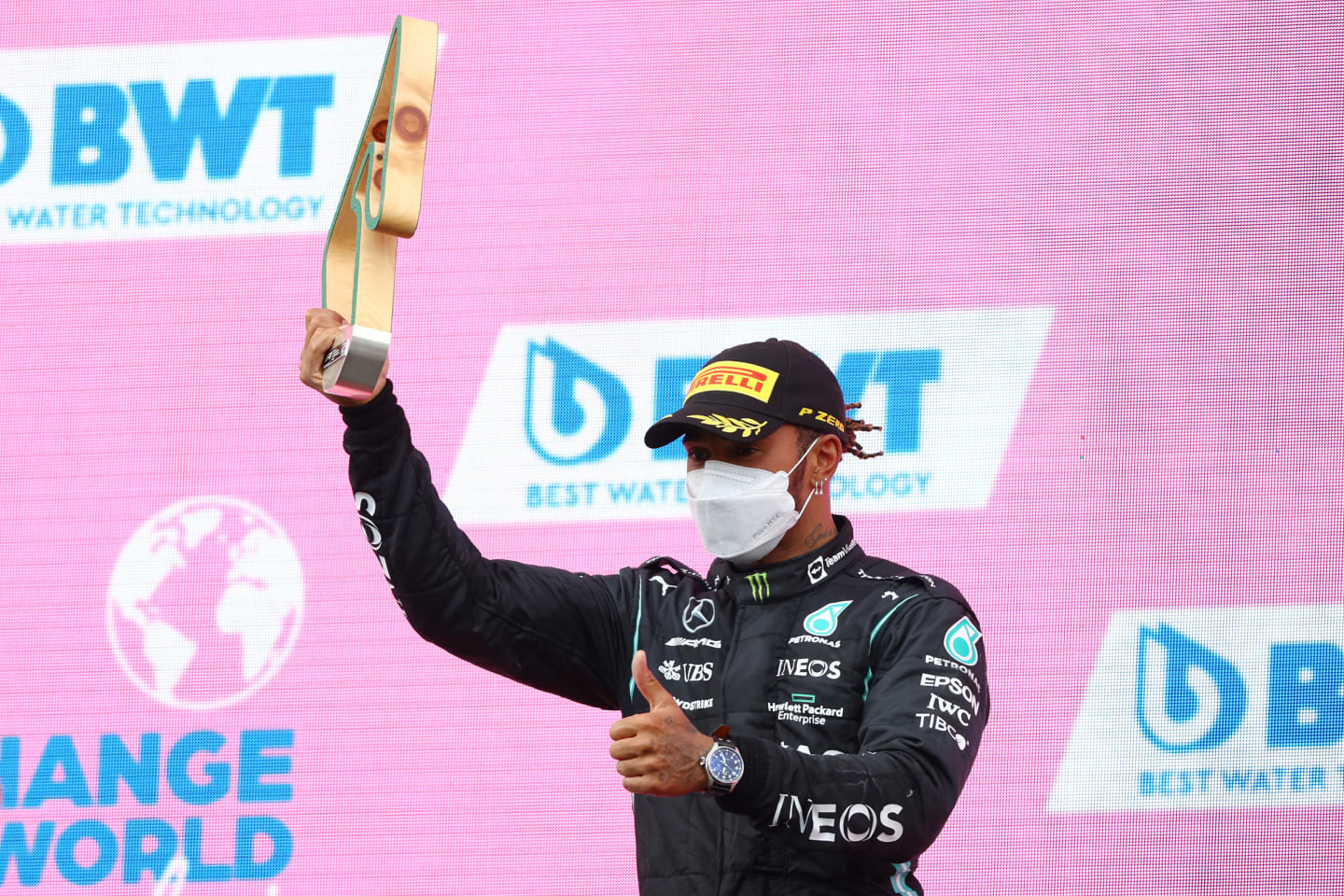 SPIELBERG, AUSTRIA - JUNE 27: Second placed Lewis Hamilton of Great Britain and Mercedes GP celebrates on the podium during the F1 Grand Prix of Styria at Red Bull Ring on June 27, 2021 in Spielberg, Austria. (Photo by Bryn Lennon/Getty Images)