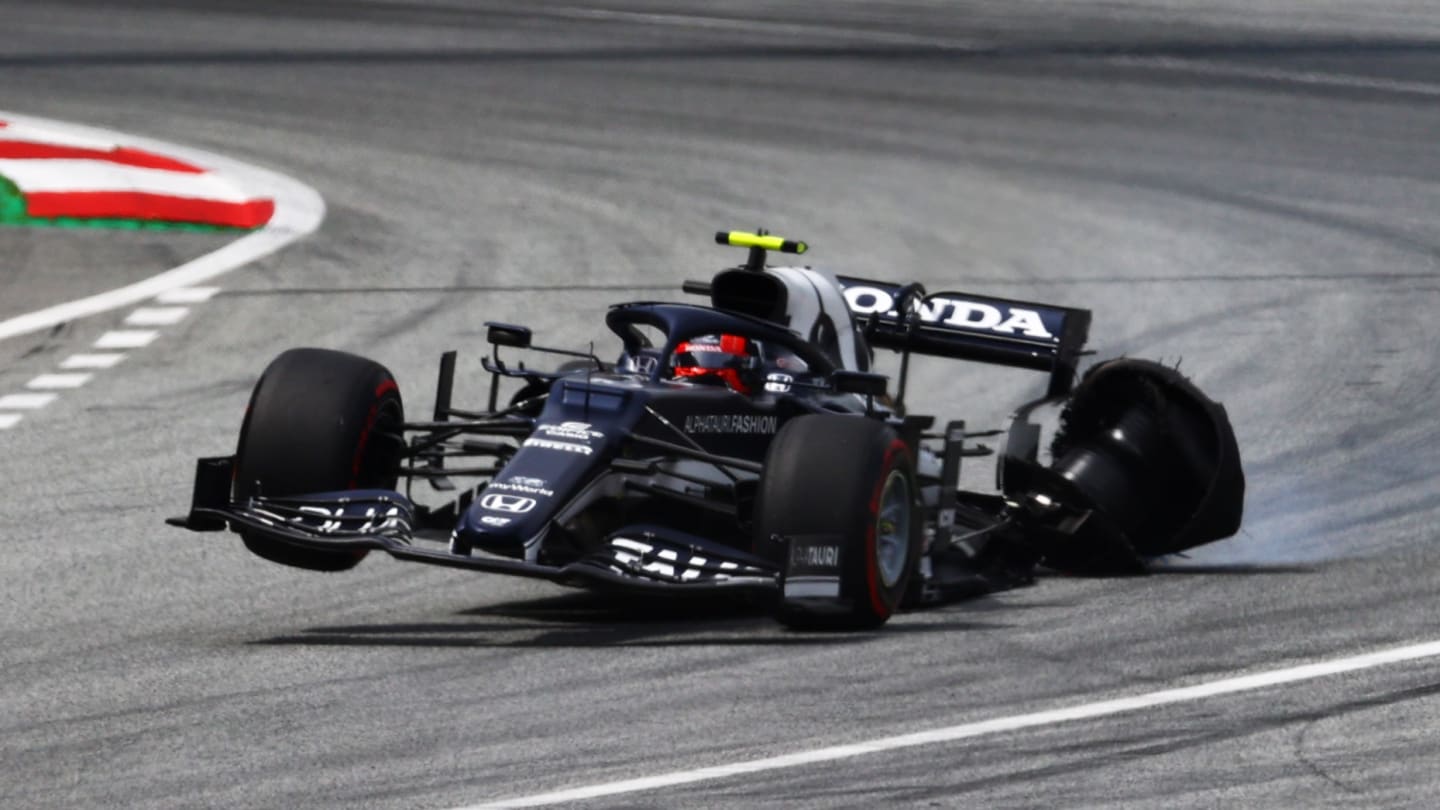 SPIELBERG, AUSTRIA - JUNE 27: Pierre Gasly of France driving the (10) Scuderia AlphaTauri AT02 Honda into the pits with a broken rear wheel during the F1 Grand Prix of Styria at Red Bull Ring on June 27, 2021 in Spielberg, Austria. (Photo by Dan Istitene - Formula 1/Formula 1 via Getty Images)