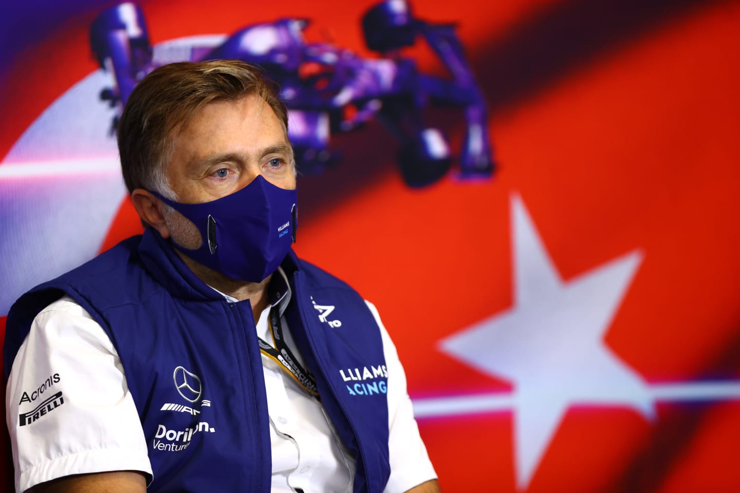ISTANBUL, TURKEY - OCTOBER 08: Jost Capito, CEO of Williams F1 talks in the Team Principals Press Conference during practice ahead of the F1 Grand Prix of Turkey at Intercity Istanbul Park on October 08, 2021 in Istanbul, Turkey. (Photo by Dan Istitene/Getty Images)