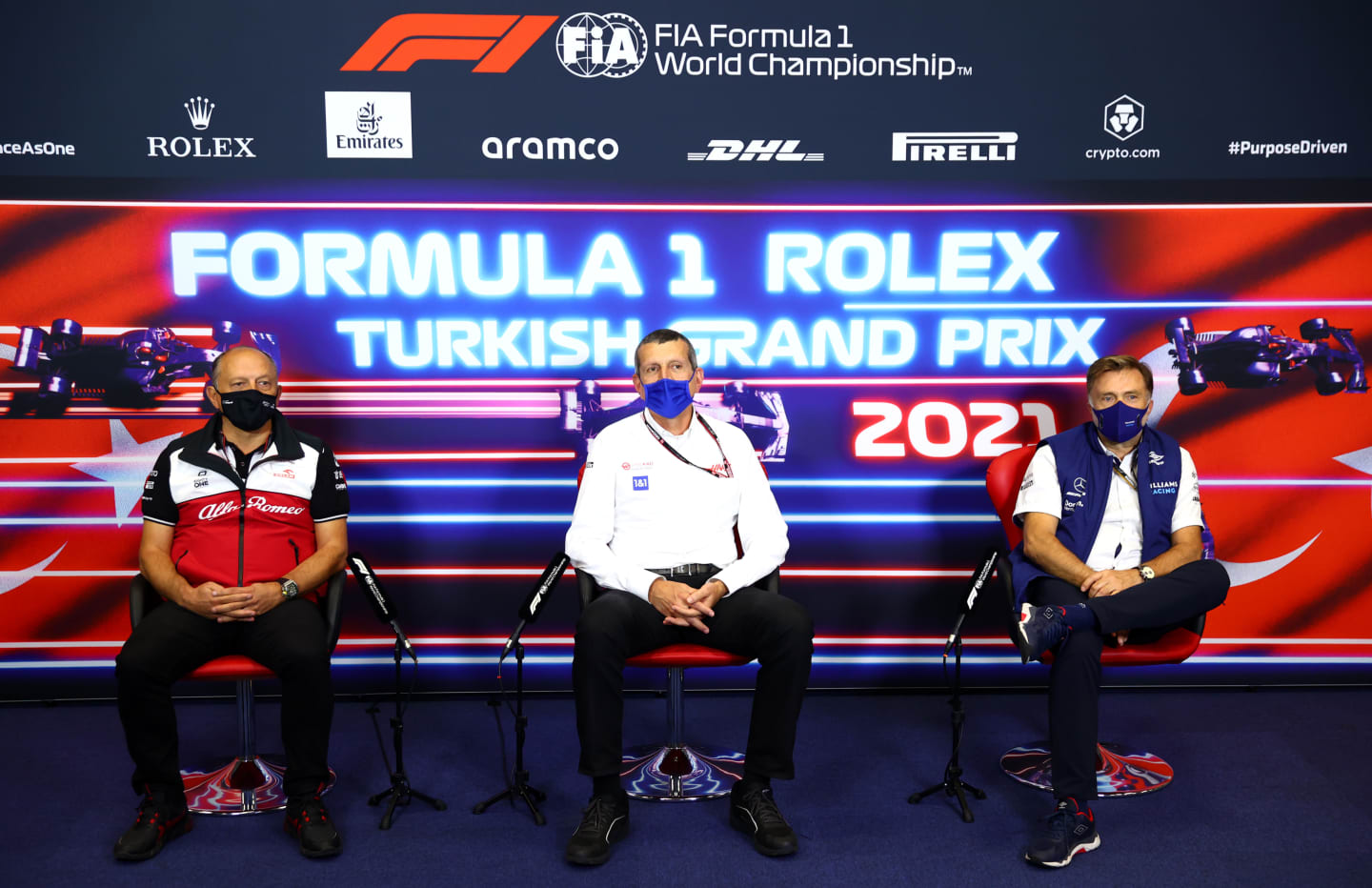 ISTANBUL, TURKEY - OCTOBER 08: Alfa Romeo Racing Team Principal Frederic Vasseur, Haas F1 Team Principal Guenther Steiner and Jost Capito, CEO of Williams F1 talk in the Team Principals Press Conference during practice ahead of the F1 Grand Prix of Turkey at Intercity Istanbul Park on October 08, 2021 in Istanbul, Turkey. (Photo by Dan Istitene/Getty Images)