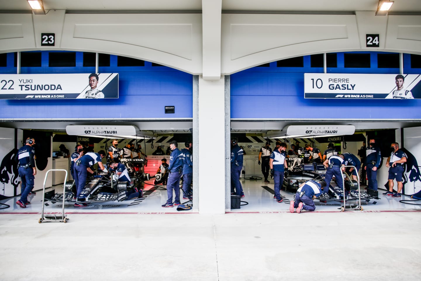ISTANBUL, TURKEY - OCTOBER 08: Scuderia AlphaTauri garage during practice ahead of the F1 Grand Prix of Turkey at Intercity Istanbul Park on October 08, 2021 in Istanbul, Turkey. (Photo by Peter Fox/Getty Images)