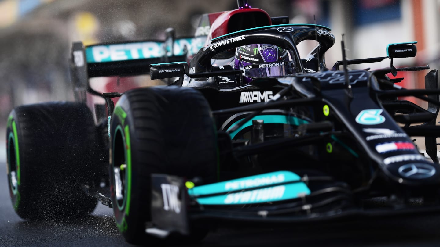 ISTANBUL, TURKEY - OCTOBER 09: Lewis Hamilton of Great Britain driving the (44) Mercedes AMG Petronas F1 Team Mercedes W12 in the Pitlane during final practice ahead of the F1 Grand Prix of Turkey at Intercity Istanbul Park on October 09, 2021 in Istanbul, Turkey. (Photo by Mario Renzi - Formula 1/Formula 1 via Getty Images)