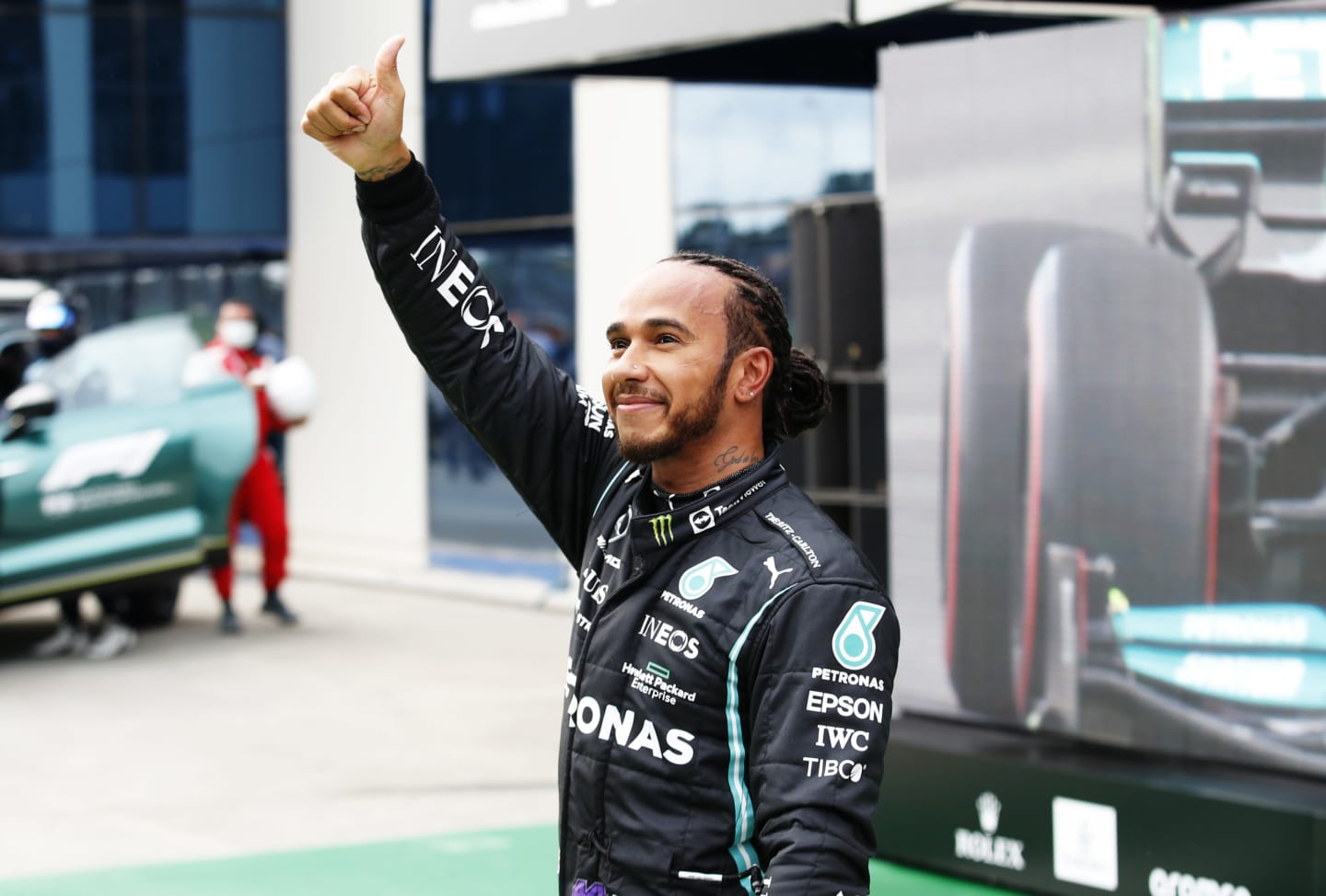 ISTANBUL, TURKEY - OCTOBER 09: Pole position qualifier Lewis Hamilton of Great Britain and Mercedes GP celebrates in parc ferme during qualifying ahead of the F1 Grand Prix of Turkey at Intercity Istanbul Park on October 09, 2021 in Istanbul, Turkey. (Photo by Umit Bektas - Pool/Getty Images)