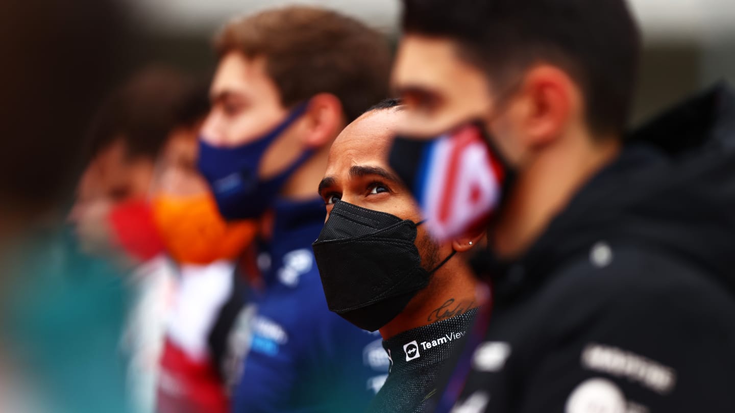 ISTANBUL, TURKEY - OCTOBER 10: Lewis Hamilton of Great Britain and Mercedes GP looks on from the grid during the F1 Grand Prix of Turkey at Intercity Istanbul Park on October 10, 2021 in Istanbul, Turkey. (Photo by Dan Istitene - Formula 1/Formula 1 via Getty Images)