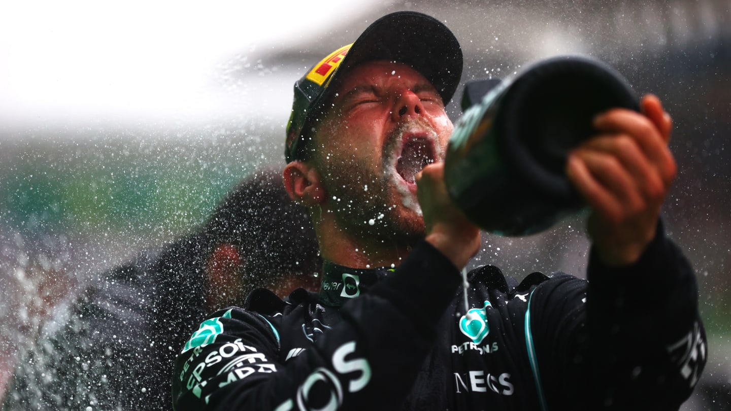 ISTANBUL, TURKEY - OCTOBER 10: Race winner Valtteri Bottas of Finland and Mercedes GP celebrates on the podium during the F1 Grand Prix of Turkey at Intercity Istanbul Park on October 10, 2021 in Istanbul, Turkey. (Photo by Dan Istitene - Formula 1/Formula 1 via Getty Images)