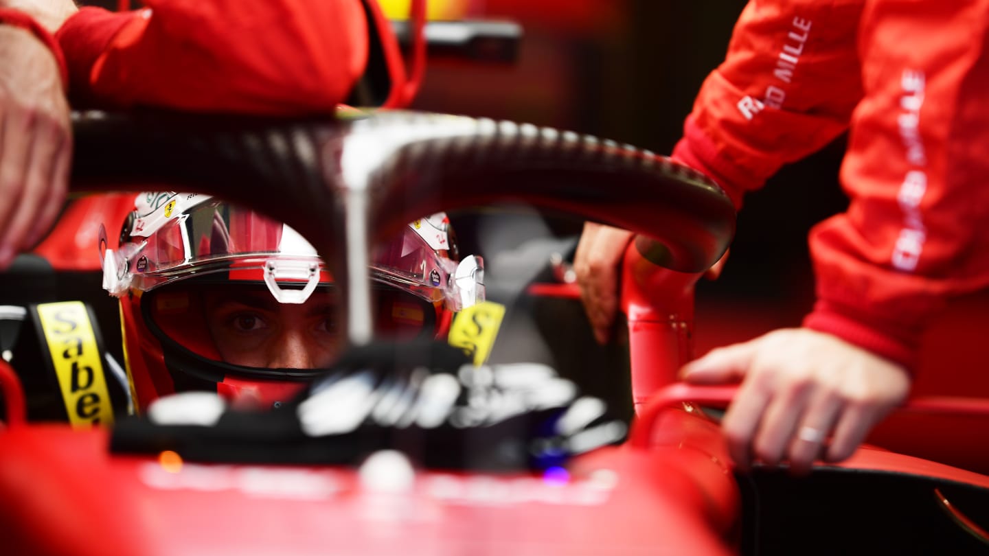 ISTANBUL, TURKEY - OCTOBER 10: Carlos Sainz of Spain and Ferrari prepares to drive in the garage during the F1 Grand Prix of Turkey at Intercity Istanbul Park on October 10, 2021 in Istanbul, Turkey. (Photo by Mario Renzi - Formula 1/Formula 1 via Getty Images)