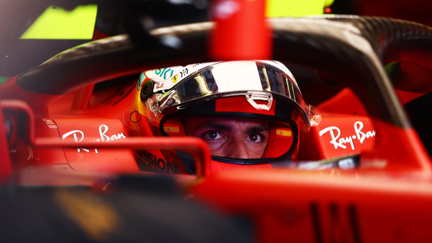 AUSTIN, TEXAS - OCTOBER 22: Carlos Sainz of Spain and Ferrari prepares to drive in the garage during practice ahead of the F1 Grand Prix of USA at Circuit of The Americas on October 22, 2021 in Austin, Texas. (Photo by Dan Istitene - Formula 1/Formula 1 via Getty Images)