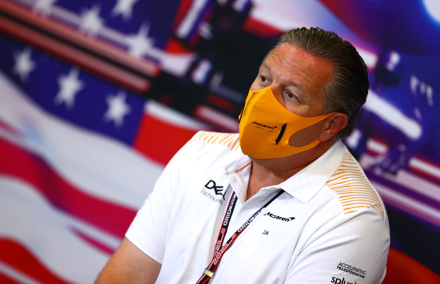 AUSTIN, TEXAS - OCTOBER 22: McLaren Chief Executive Officer Zak Brown talks in the Team Principals Press Conference during practice ahead of the F1 Grand Prix of USA at Circuit of The Americas on October 22, 2021 in Austin, Texas. (Photo by Dan Istitene/Getty Images)