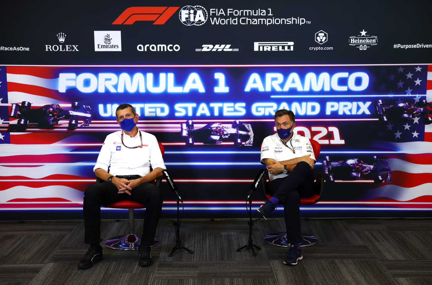 AUSTIN, TEXAS - OCTOBER 22: Haas F1 Team Principal Guenther Steiner and Jost Capito, CEO of Williams F1 talk in the Team Principals Press Conference during practice ahead of the F1 Grand Prix of USA at Circuit of The Americas on October 22, 2021 in Austin, Texas. (Photo by Dan Istitene/Getty Images)