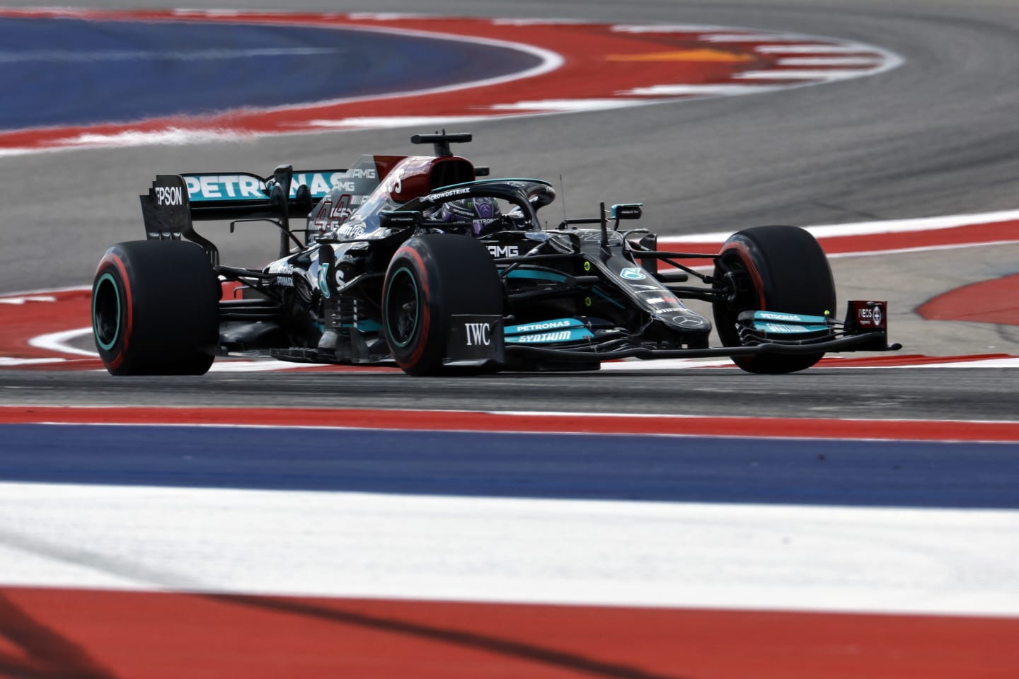 AUSTIN, TEXAS - OCTOBER 22: Lewis Hamilton of Great Britain driving the (44) Mercedes AMG Petronas F1 Team Mercedes W12 during practice ahead of the F1 Grand Prix of USA at Circuit of The Americas on October 22, 2021 in Austin, Texas. (Photo by Jared C. Tilton/Getty Images)