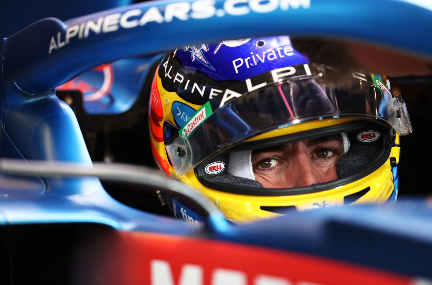AUSTIN, TEXAS - OCTOBER 23: Fernando Alonso of Spain and Alpine F1 Team prepares to drive in the garage during final practice ahead of the F1 Grand Prix of USA at Circuit of The Americas on October 23, 2021 in Austin, Texas. (Photo by Chris Graythen/Getty Images)