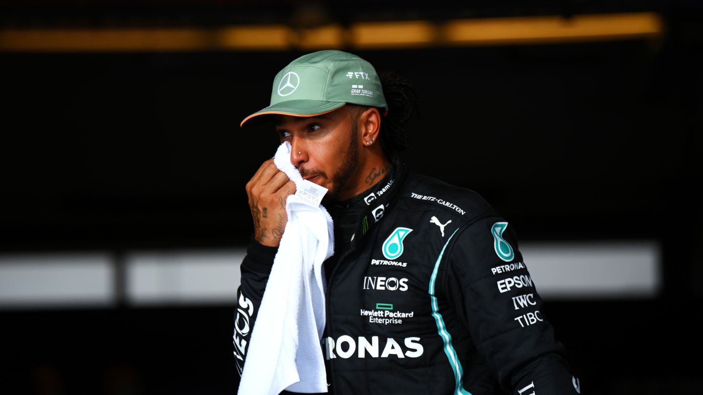 AUSTIN, TEXAS - OCTOBER 23: Second place qualifier Lewis Hamilton of Great Britain and Mercedes GP looks on in parc ferme during qualifying ahead of the F1 Grand Prix of USA at Circuit of The Americas on October 23, 2021 in Austin, Texas. (Photo by Clive Mason - Formula 1/Formula 1 via Getty Images)