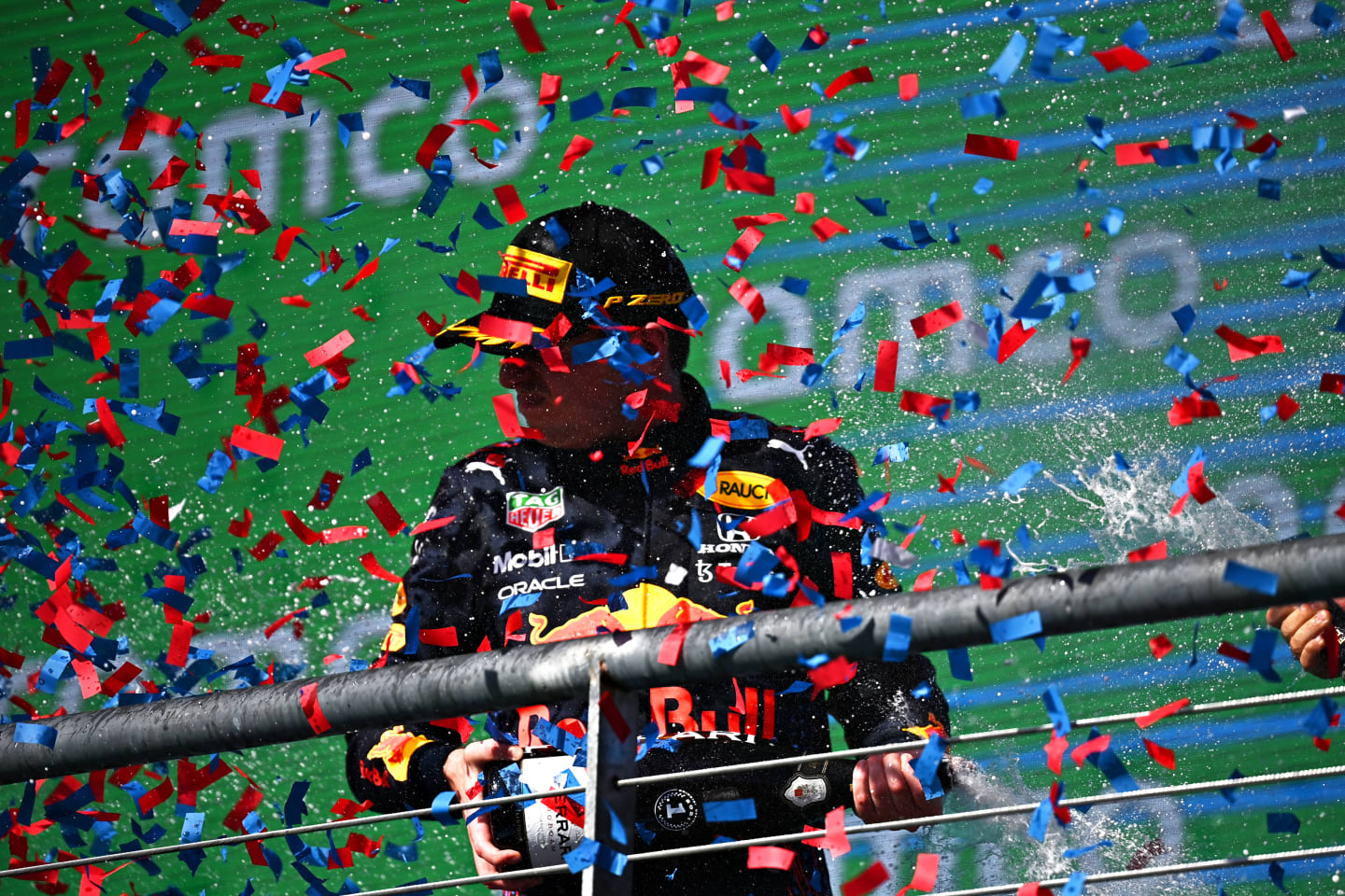 AUSTIN, TEXAS - OCTOBER 24: Race winner Max Verstappen of Netherlands and Red Bull Racing celebrates on the podium during the F1 Grand Prix of USA at Circuit of The Americas on October 24, 2021 in Austin, Texas. (Photo by Clive Mason - Formula 1/Formula 1 via Getty Images)