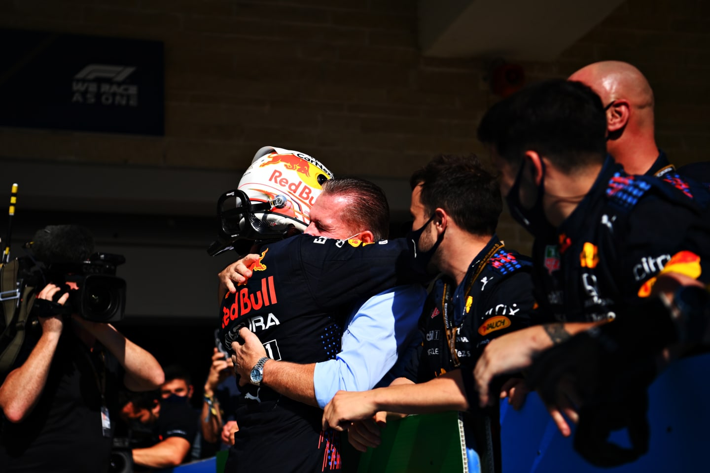 AUSTIN, TEXAS - OCTOBER 24: Race winner Max Verstappen of Netherlands and Red Bull Racing celebrates with his father Jos Verstappen in parc ferme during the F1 Grand Prix of USA at Circuit of The Americas on October 24, 2021 in Austin, Texas. (Photo by Clive Mason - Formula 1/Formula 1 via Getty Images)