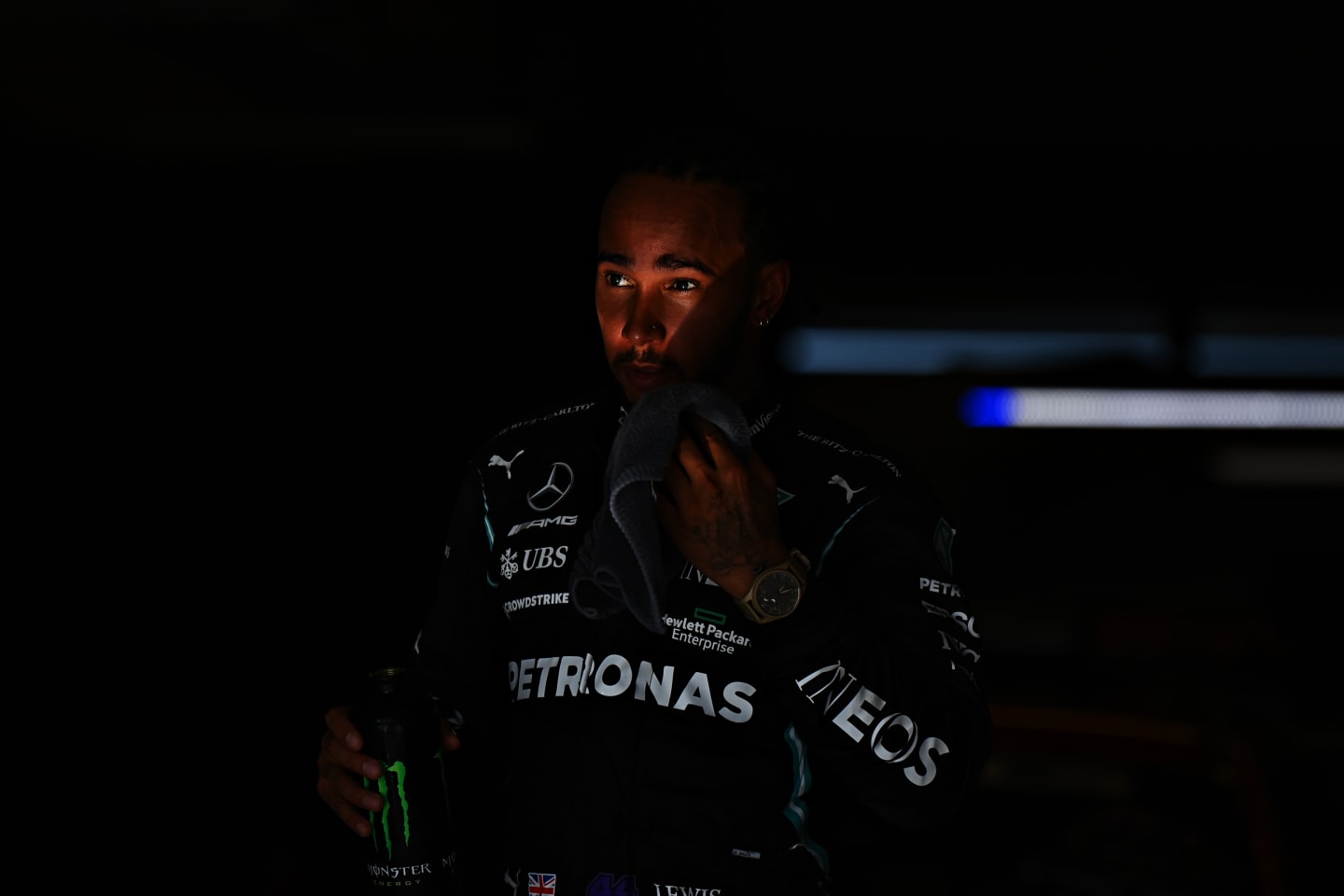 AUSTIN, TEXAS - OCTOBER 24: Second placed Lewis Hamilton of Great Britain and Mercedes GP looks on in parc ferme during the F1 Grand Prix of USA at Circuit of The Americas on October 24, 2021 in Austin, Texas. (Photo by Clive Mason - Formula 1/Formula 1 via Getty Images)