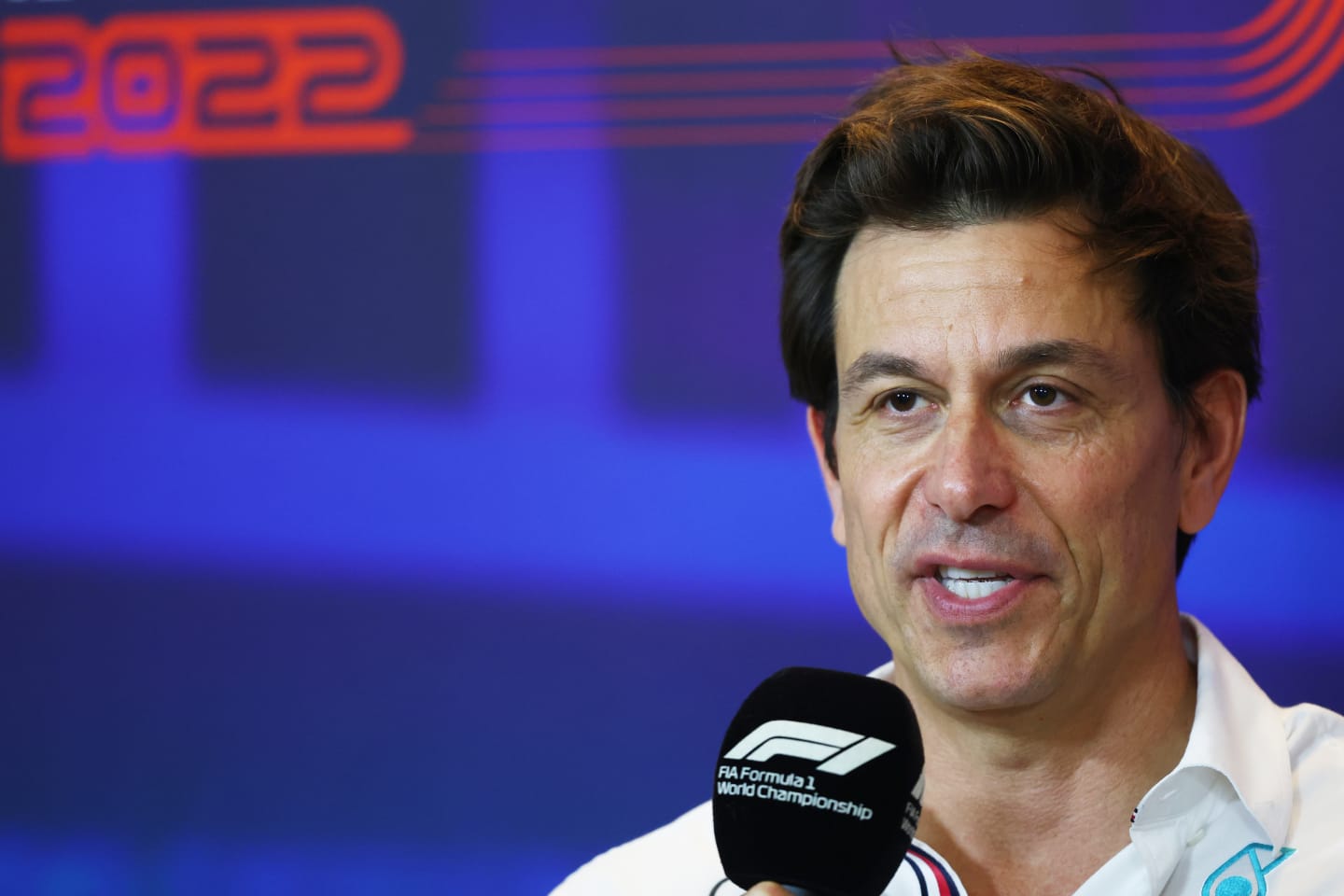 ABU DHABI, UNITED ARAB EMIRATES - NOVEMBER 19: Mercedes GP Executive Director Toto Wolff talks in a press conference during final practice ahead of the F1 Grand Prix of Abu Dhabi at Yas Marina Circuit on November 19, 2022 in Abu Dhabi, United Arab Emirates. (Photo by Bryn Lennon/Getty Images)