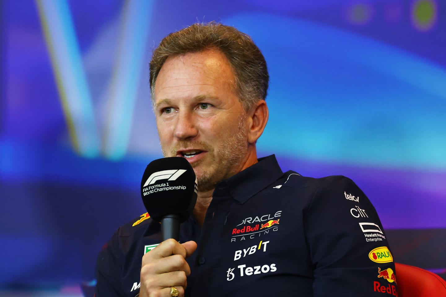 ABU DHABI, UNITED ARAB EMIRATES - NOVEMBER 19: Red Bull Racing Team Principal Christian Horner talks in a press conference during final practice ahead of the F1 Grand Prix of Abu Dhabi at Yas Marina Circuit on November 19, 2022 in Abu Dhabi, United Arab Emirates. (Photo by Bryn Lennon/Getty Images)