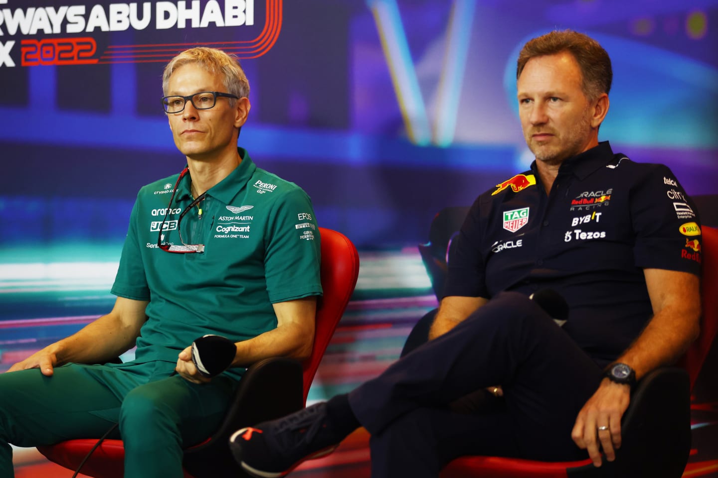 ABU DHABI, UNITED ARAB EMIRATES - NOVEMBER 19: Mike Krack, Team Principal of the Aston Martin F1 Team and Red Bull Racing Team Principal Christian Horner attend the Team Principals Press Conference prior to final practice ahead of the F1 Grand Prix of Abu Dhabi at Yas Marina Circuit on November 19, 2022 in Abu Dhabi, United Arab Emirates. (Photo by Bryn Lennon/Getty Images)