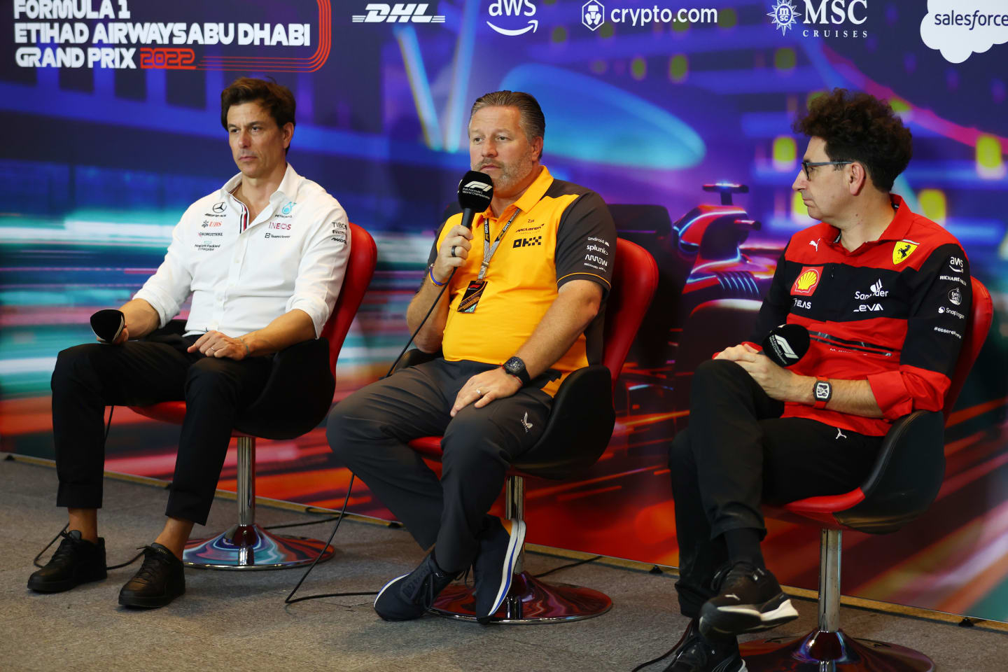 ABU DHABI, UNITED ARAB EMIRATES - NOVEMBER 19: McLaren Chief Executive Officer Zak Brown, Mercedes GP Executive Director Toto Wolff and Scuderia Ferrari Team Principal Mattia Binotto attend the Team Principals Press Conference prior to final practice ahead of the F1 Grand Prix of Abu Dhabi at Yas Marina Circuit on November 19, 2022 in Abu Dhabi, United Arab Emirates. (Photo by Bryn Lennon/Getty Images)