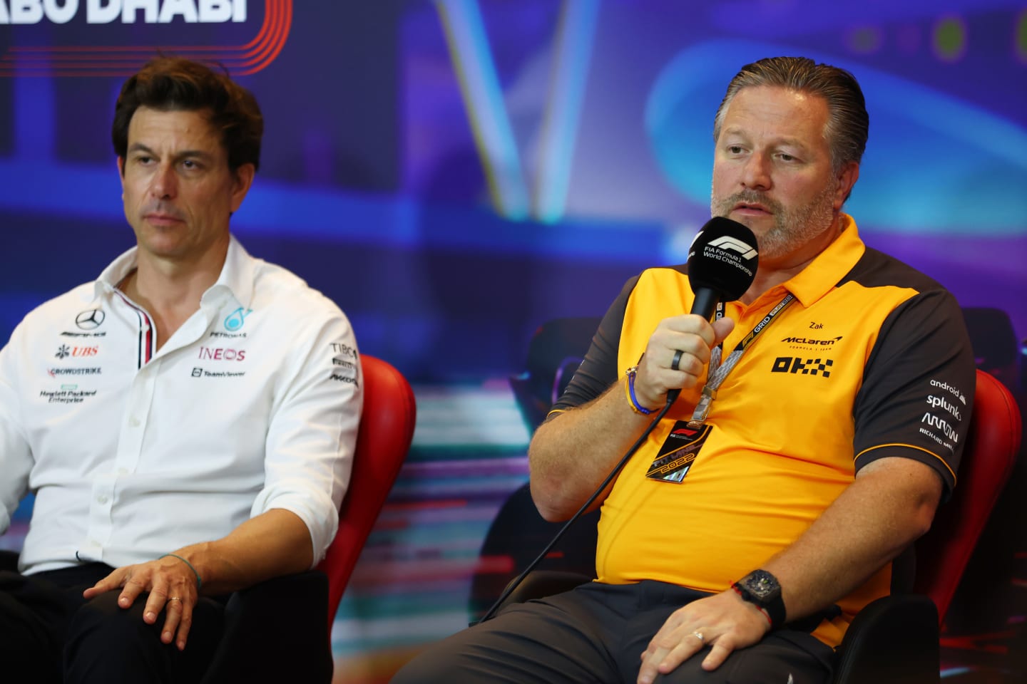 ABU DHABI, UNITED ARAB EMIRATES - NOVEMBER 19: McLaren Chief Executive Officer Zak Brown and Mercedes GP Executive Director Toto Wolff attend the Team Principals Press Conference prior to final practice ahead of the F1 Grand Prix of Abu Dhabi at Yas Marina Circuit on November 19, 2022 in Abu Dhabi, United Arab Emirates. (Photo by Bryn Lennon/Getty Images)