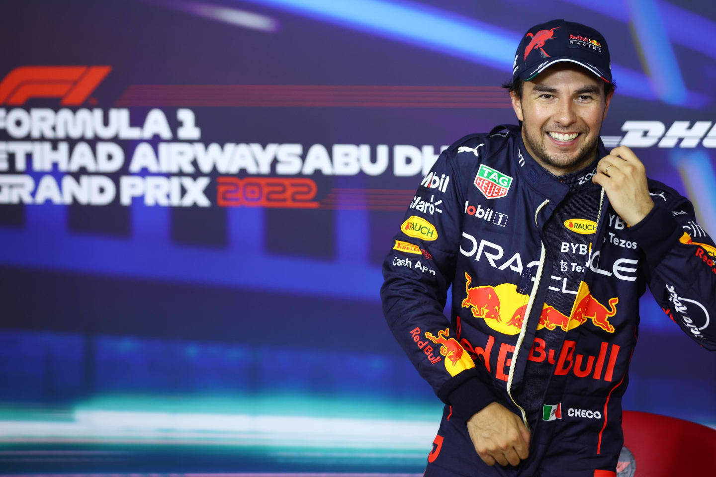 ABU DHABI, UNITED ARAB EMIRATES - NOVEMBER 19: Second placed qualifier Sergio Perez of Mexico and Oracle Red Bull Racing attends a drovers press conference following qualifying ahead of the F1 Grand Prix of Abu Dhabi at Yas Marina Circuit on November 19, 2022 in Abu Dhabi, United Arab Emirates. (Photo by Dan Istitene/Getty Images)