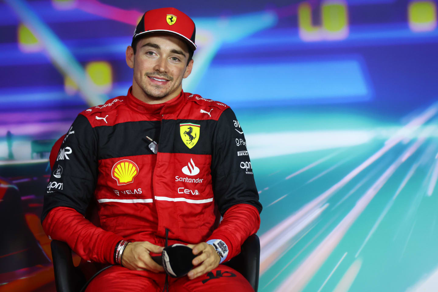 ABU DHABI, UNITED ARAB EMIRATES - NOVEMBER 19: Third placed qualifier Charles Leclerc of Monaco and Ferrari attends a drivers press conference following qualifying ahead of the F1 Grand Prix of Abu Dhabi at Yas Marina Circuit on November 19, 2022 in Abu Dhabi, United Arab Emirates. (Photo by Dan Istitene/Getty Images)