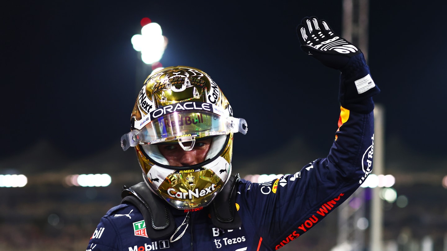 ABU DHABI, UNITED ARAB EMIRATES - NOVEMBER 19: Pole position qualifier Max Verstappen of the Netherlands and Oracle Red Bull Racing celebrates in parc ferme during qualifying ahead of the F1 Grand Prix of Abu Dhabi at Yas Marina Circuit on November 19, 2022 in Abu Dhabi, United Arab Emirates. (Photo by Dan Istitene - Formula 1/Formula 1 via Getty Images)