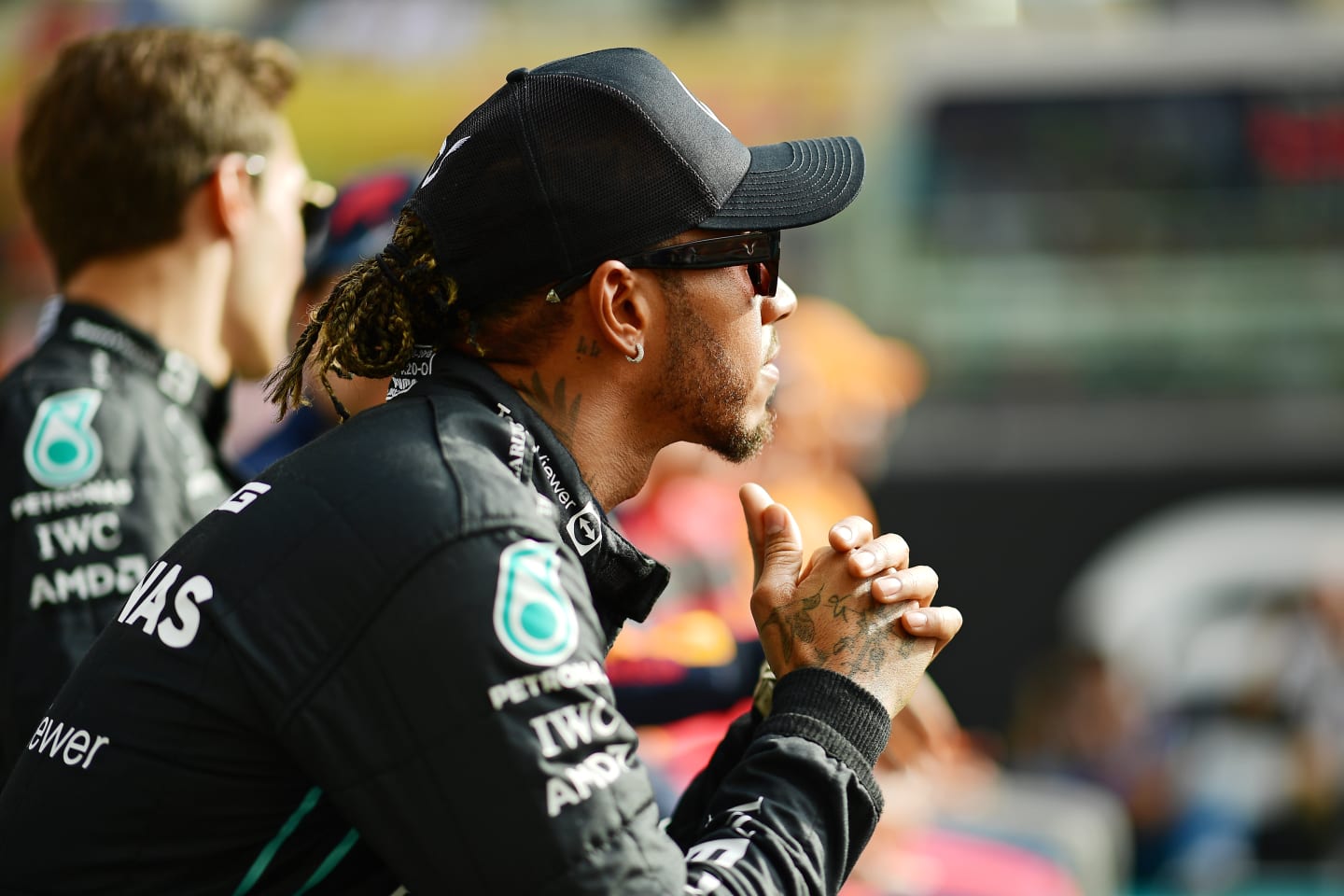 ABU DHABI, UNITED ARAB EMIRATES - NOVEMBER 20: Lewis Hamilton of Great Britain and Mercedes looks on ahead of the F1 2022 End of Year photo prior to the F1 Grand Prix of Abu Dhabi at Yas Marina Circuit on November 20, 2022 in Abu Dhabi, United Arab Emirates. (Photo by Mario Renzi - Formula 1/Formula 1 via Getty Images)