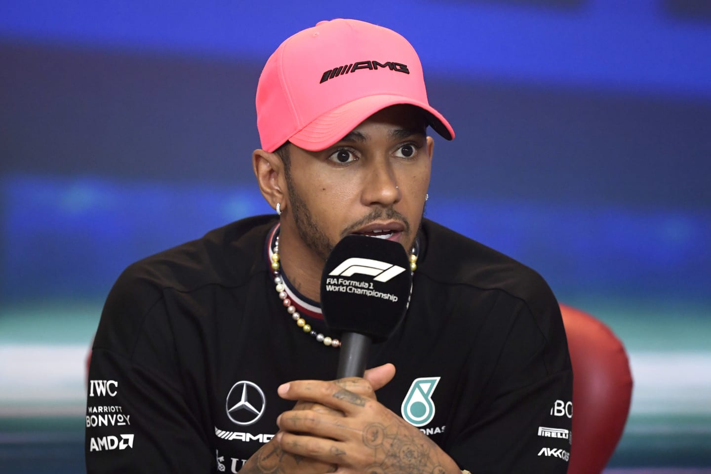 ABU DHABI, UNITED ARAB EMIRATES - NOVEMBER 17: Lewis Hamilton of Great Britain and Mercedes talks in a press conference during previews ahead of the F1 Grand Prix of Abu Dhabi at Yas Marina Circuit on November 17, 2022 in Abu Dhabi, United Arab Emirates. (Photo by Rudy Carezzevoli/Getty Images)