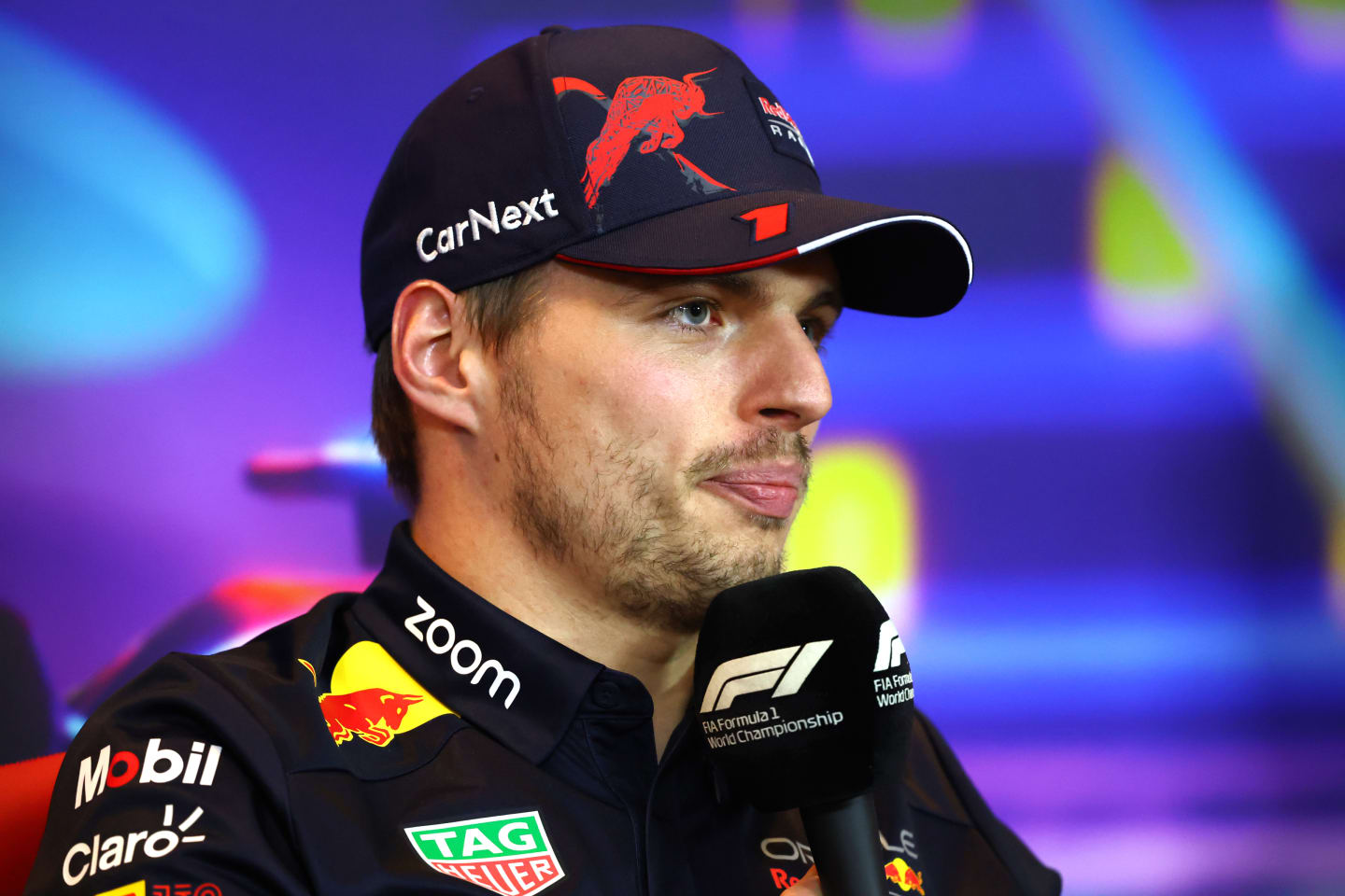 ABU DHABI, UNITED ARAB EMIRATES - NOVEMBER 17: Max Verstappen of the Netherlands and Oracle Red Bull Racing talks in a press conference during previews ahead of the F1 Grand Prix of Abu Dhabi at Yas Marina Circuit on November 17, 2022 in Abu Dhabi, United Arab Emirates. (Photo by Bryn Lennon/Getty Images)