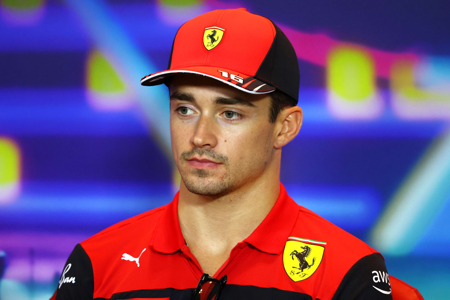 ABU DHABI, UNITED ARAB EMIRATES - NOVEMBER 17: Charles Leclerc of Monaco and Ferrari talks in a press conference during previews ahead of the F1 Grand Prix of Abu Dhabi at Yas Marina Circuit on November 17, 2022 in Abu Dhabi, United Arab Emirates. (Photo by Bryn Lennon/Getty Images)