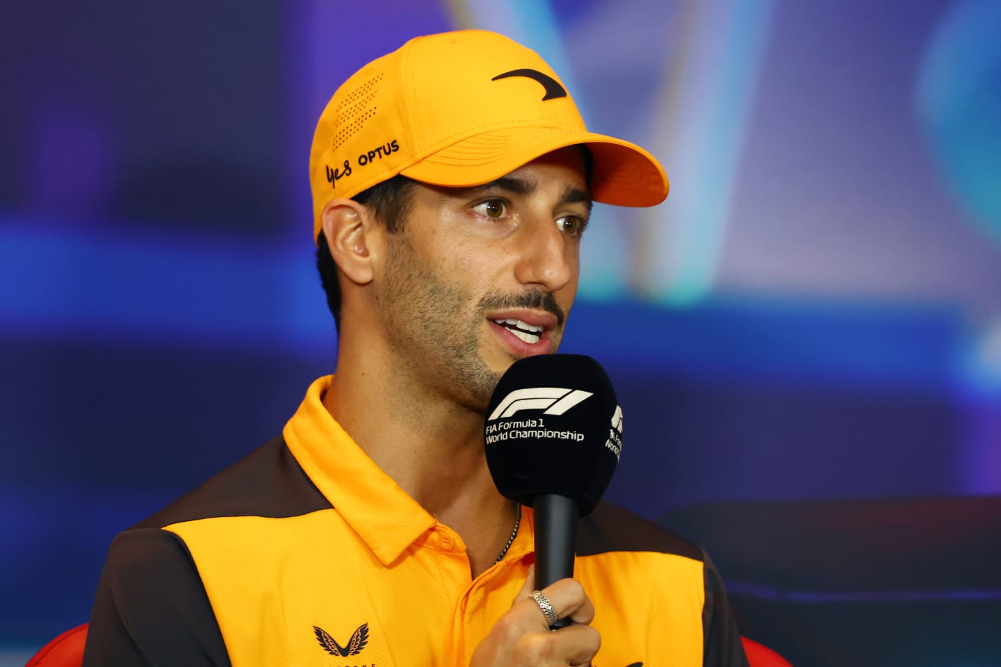 ABU DHABI, UNITED ARAB EMIRATES - NOVEMBER 17: Daniel Ricciardo of Australia and McLaren talks in a press conference during previews ahead of the F1 Grand Prix of Abu Dhabi at Yas Marina Circuit on November 17, 2022 in Abu Dhabi, United Arab Emirates. (Photo by Bryn Lennon/Getty Images)
