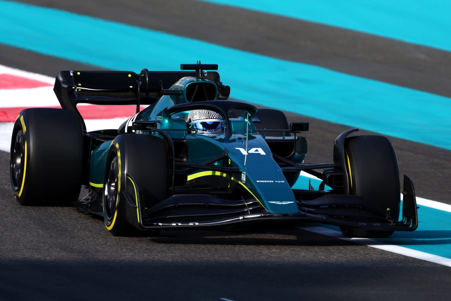 Fernando Alonso of Spain driving the (14) Aston Martin AMR22 Mercedes on track during Formula 1 testing at Yas Marina Circuit on November 22, 2022 in Abu Dhabi, United Arab Emirates. (Photo by Bryn Lennon/Getty Images)
