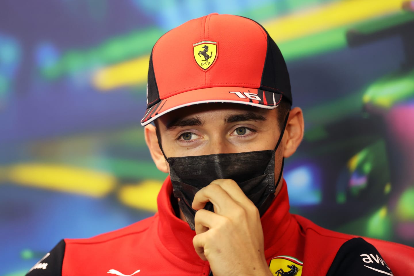 MELBOURNE, AUSTRALIA - APRIL 08: Charles Leclerc of Monaco and Ferrari looks on in the Drivers Press Conference prior to practice ahead of the F1 Grand Prix of Australia at Melbourne Grand Prix Circuit on April 08, 2022 in Melbourne, Australia. (Photo by Robert Cianflone/Getty Images)
