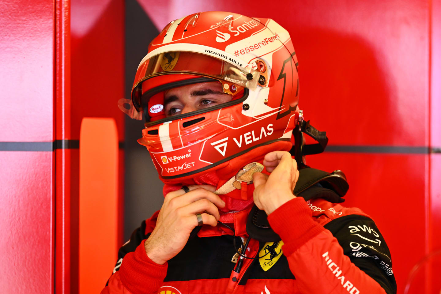MELBOURNE, AUSTRALIA - APRIL 08: Charles Leclerc of Monaco and Ferrari prepares to drive in the garage during practice ahead of the F1 Grand Prix of Australia at Melbourne Grand Prix Circuit on April 08, 2022 in Melbourne, Australia. (Photo by Clive Mason/Getty Images)
