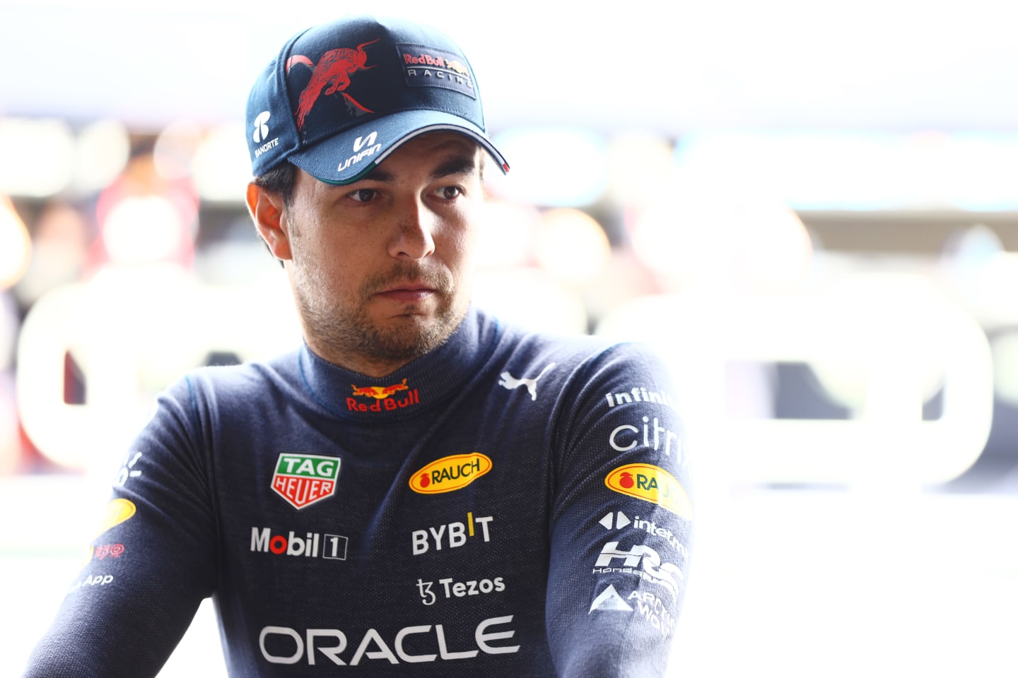 MELBOURNE, AUSTRALIA - APRIL 08: Sergio Perez of Mexico and Oracle Red Bull Racing prepares to drive in the garage during practice ahead of the F1 Grand Prix of Australia at Melbourne Grand Prix Circuit on April 08, 2022 in Melbourne, Australia. (Photo by Mark Thompson/Getty Images)