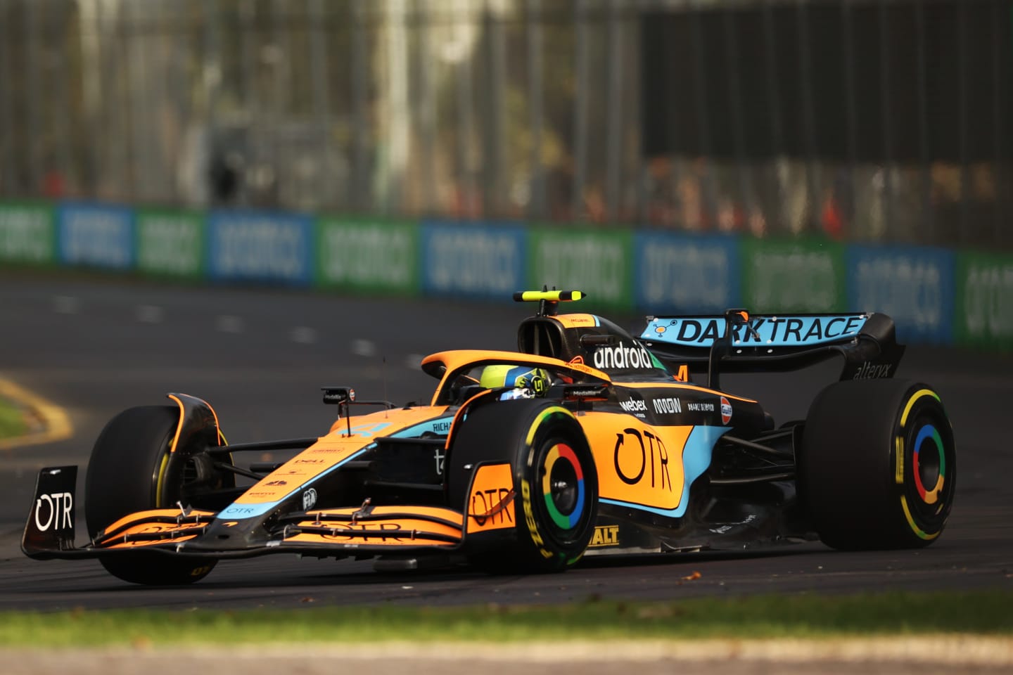 MELBOURNE, AUSTRALIA - APRIL 08: Lando Norris of Great Britain driving the (4) McLaren MCL36 Mercedes on track during practice ahead of the F1 Grand Prix of Australia at Melbourne Grand Prix Circuit on April 08, 2022 in Melbourne, Australia. (Photo by Robert Cianflone/Getty Images)