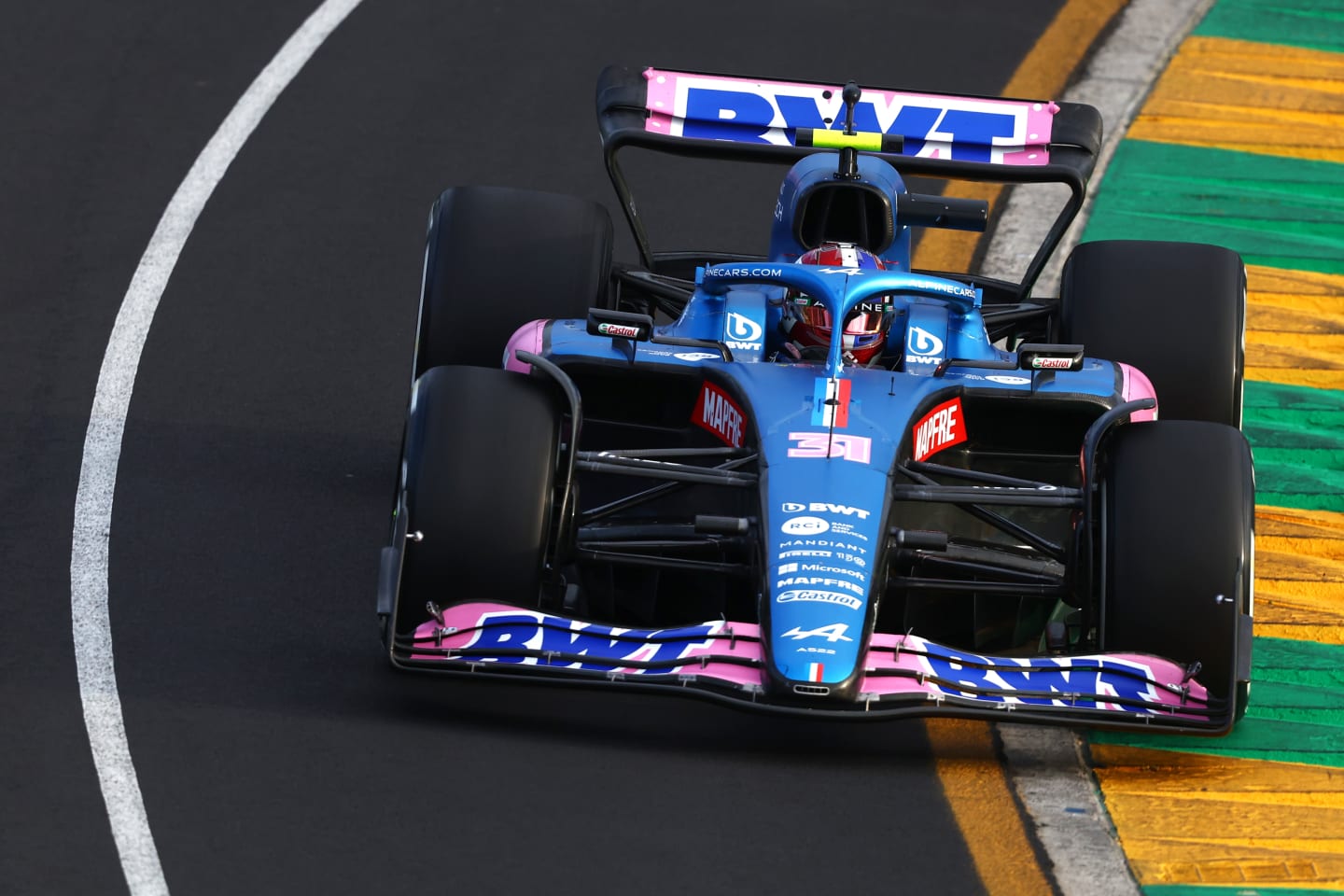 MELBOURNE, AUSTRALIA - APRIL 08: Esteban Ocon of France driving the (31) Alpine F1 A522 Renault on track during practice ahead of the F1 Grand Prix of Australia at Melbourne Grand Prix Circuit on April 08, 2022 in Melbourne, Australia. (Photo by Bryn Lennon - Formula 1/Formula 1 via Getty Images)