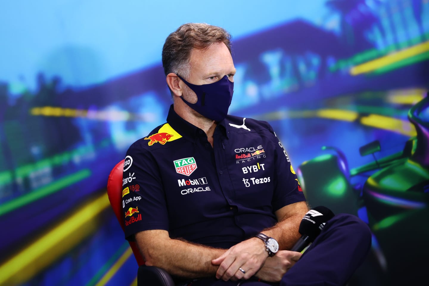 MELBOURNE, AUSTRALIA - APRIL 09: Red Bull Racing Team Principal Christian Horner talks in the Team Principals Press Conference prior to final practice ahead of the F1 Grand Prix of Australia at Melbourne Grand Prix Circuit on April 09, 2022 in Melbourne, Australia. (Photo by Dan Istitene - Formula 1/Formula 1 via Getty Images)