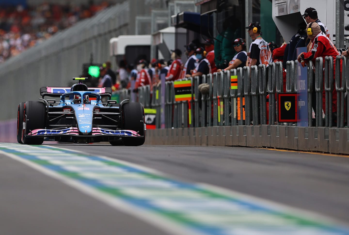 MELBOURNE, AUSTRALIA - APRIL 09: Esteban Ocon of France driving the (31) Alpine F1 A522 Renault in the Pitlane during final practice ahead of the F1 Grand Prix of Australia at Melbourne Grand Prix Circuit on April 09, 2022 in Melbourne, Australia. (Photo by Robert Cianflone/Getty Images)