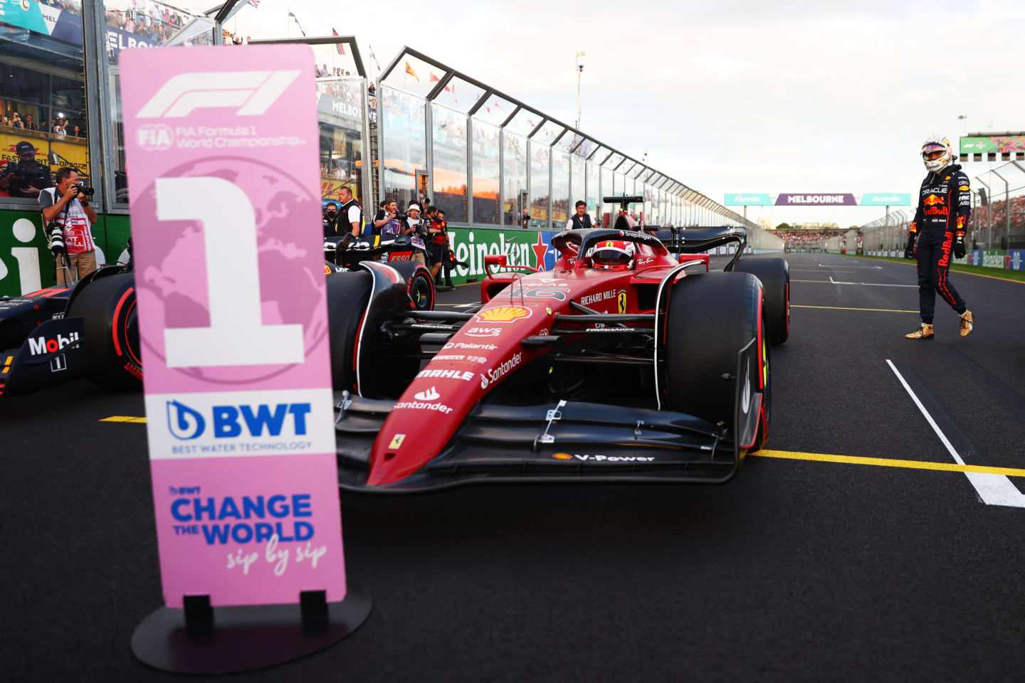 MELBOURNE, AUSTRALIA - APRIL 09: Pole position qualifier Charles Leclerc of Monaco and Ferrari stops in parc ferme during qualifying ahead of the F1 Grand Prix of Australia at Melbourne Grand Prix Circuit on April 09, 2022 in Melbourne, Australia. (Photo by Dan Istitene - Formula 1/Formula 1 via Getty Images)