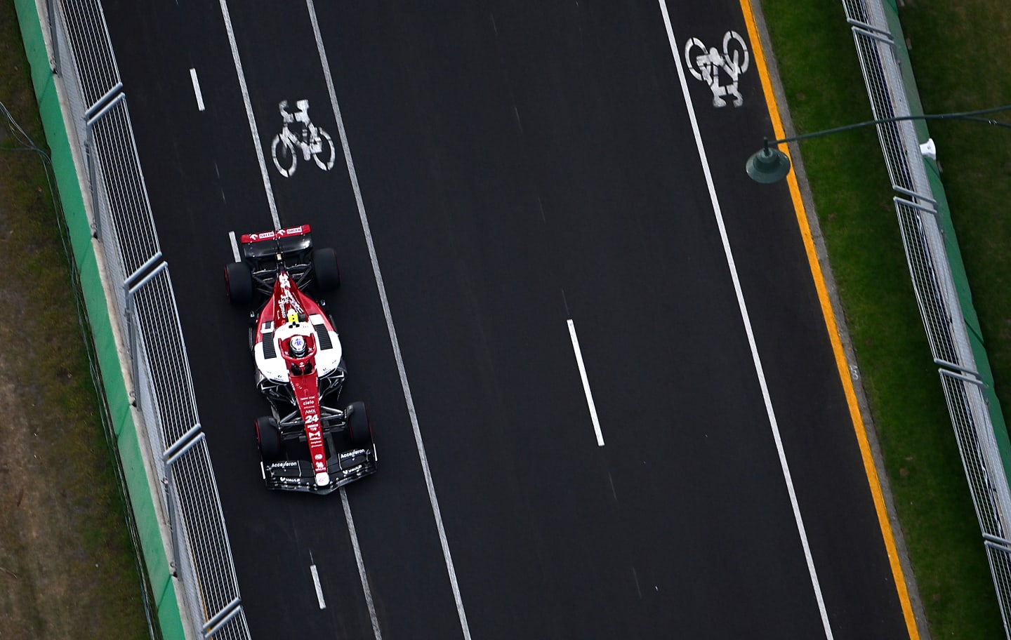 MELBOURNE, AUSTRALIA - APRIL 09: Zhou Guanyu of China driving the (24) Alfa Romeo F1 C42 Ferrari on track during qualifying ahead of the F1 Grand Prix of Australia at Melbourne Grand Prix Circuit on April 09, 2022 in Melbourne, Australia. (Photo by Clive Mason/Getty Images)