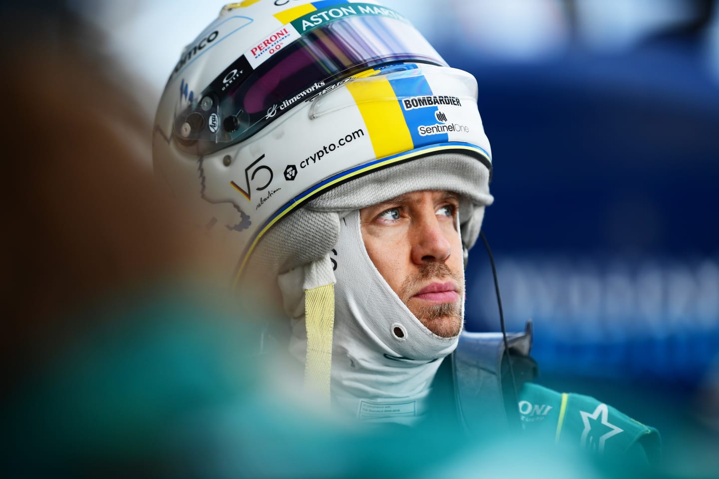 MELBOURNE, AUSTRALIA - APRIL 09: Sebastian Vettel of Germany and Aston Martin F1 Team looks on in the garage during qualifying ahead of the F1 Grand Prix of Australia at Melbourne Grand Prix Circuit on April 09, 2022 in Melbourne, Australia. (Photo by Mario Renzi - Formula 1/Formula 1 via Getty Images)