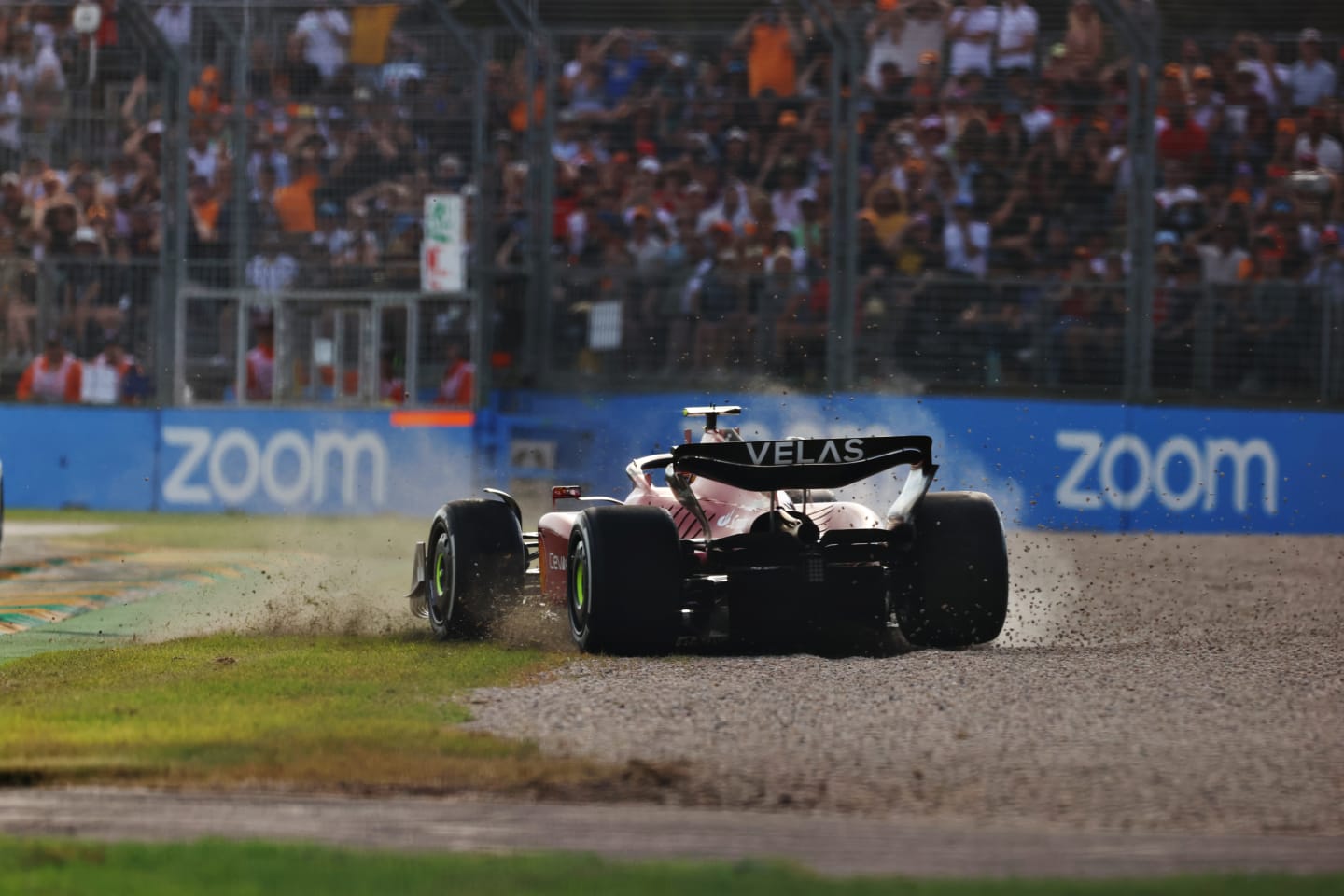 MELBOURNE, AUSTRALIA - APRIL 10: Carlos Sainz of Spain driving (55) the Ferrari F1-75 spins out of the race during the F1 Grand Prix of Australia at Melbourne Grand Prix Circuit on April 10, 2022 in Melbourne, Australia. (Photo by Robert Cianflone/Getty Images)