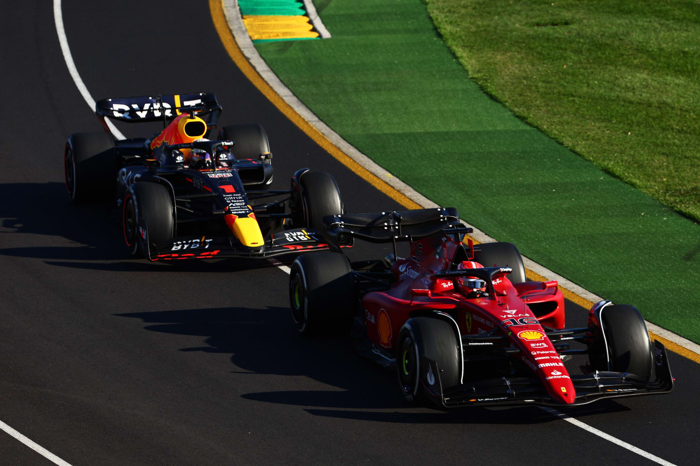 MELBOURNE, AUSTRALIA - APRIL 10: Charles Leclerc of Monaco driving (16) the Ferrari F1-75 leads Max